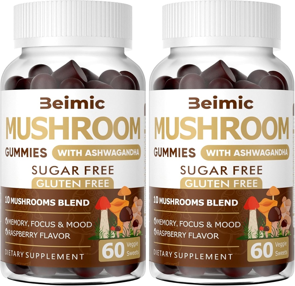 Sēnes Gumijas - 10x Sēņu Papildinājums ar Ashwagandha un Lions Mane (120 Chews) Nootrop Smadzeņu Papildinājums, Imūnsupport & Stress Relief (2.iepakojums)