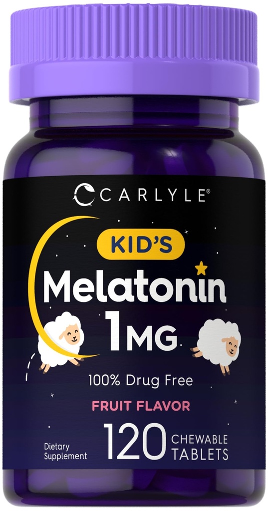 Carlyle Kids Melatonin 1mg - 120 Košļājamās tabletes -- Augļi Flavor -- Veģetārs papildinājums -- Non-GMO, bez glutēna formula