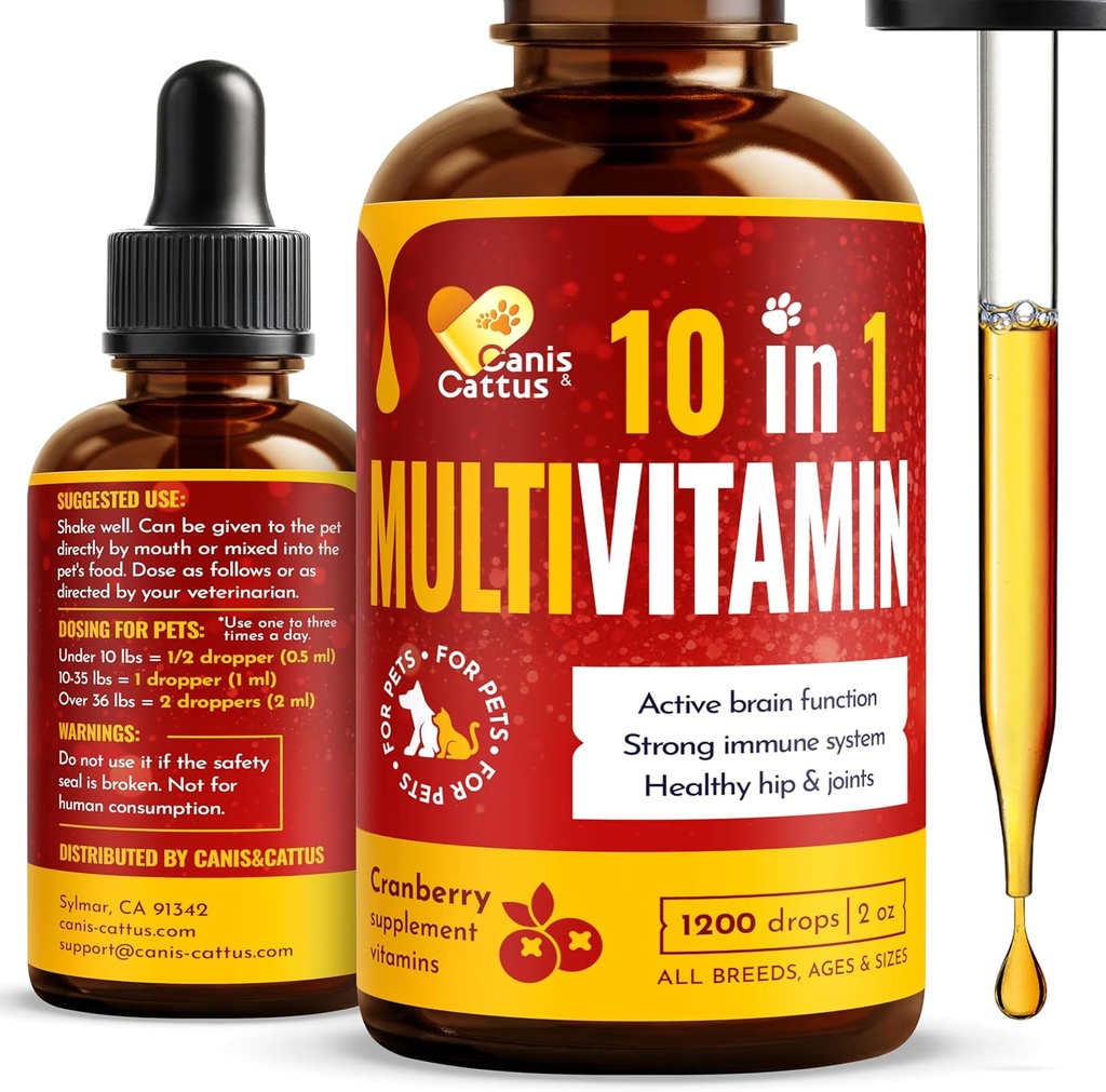 Canis&Cattus 10-in-1 Multivitamīni suņiem un kaķiem – ikdienas glikozamīns, B vitamīns, C & D3 atbalsts - Šķidruma papildinājums ar dzērvenēm un MSM – 2oz