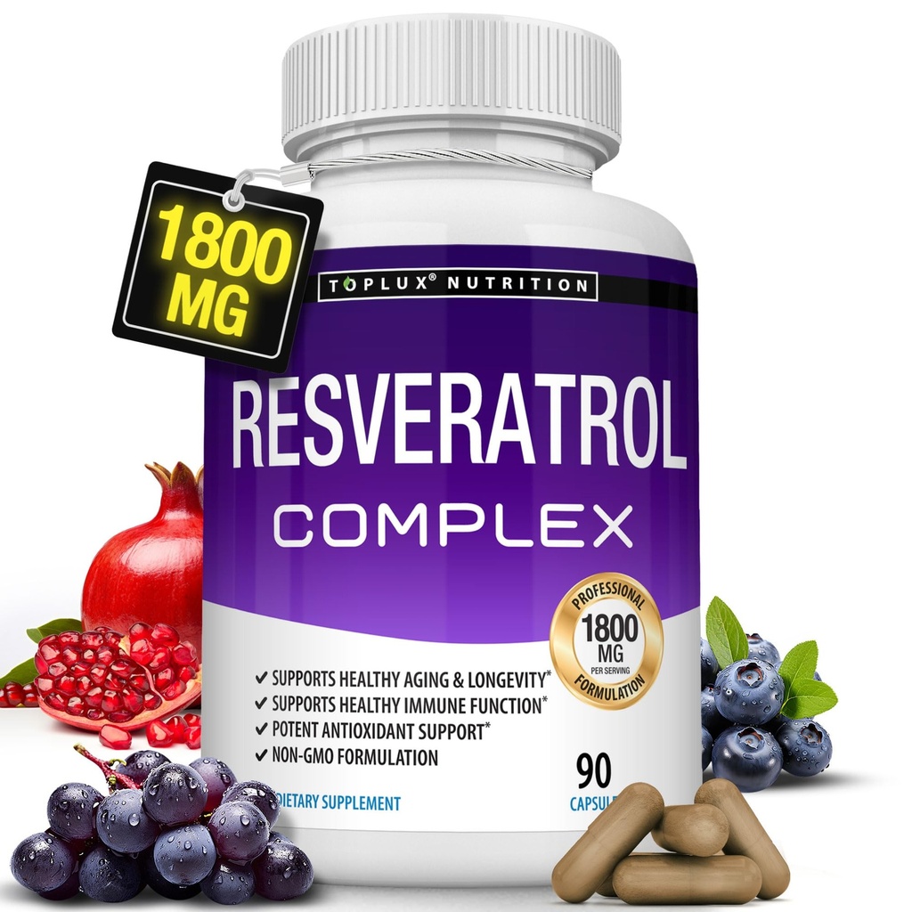 Resveratrol papildinājums 1800 mg Antioksidantu komplekss - augstas intensitātes dabas Trans-Resveratrol tabletes veselīgai novecošanai, vispārējais veselības atbalsts, Imūnsistēma, smadzeņu funkcijas, vīriešiem, 90 kapsulas