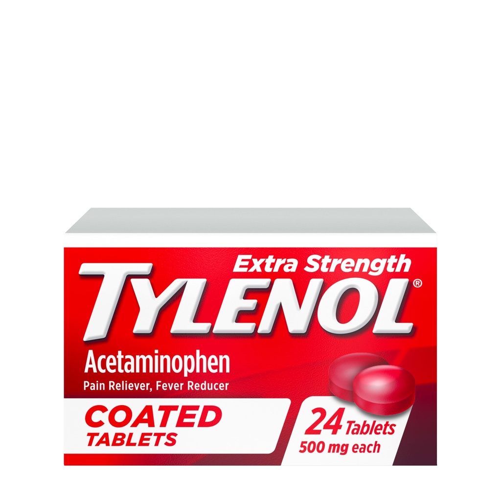 Tylenol Extra Strength Sāpes Reliver & Drudzis Samazinātājs, Apaļas apvalkotas tabletes, 500 mg Acetaminofēns Sāpes atvieglošanas tabletes galvassāpes, zobu sāpes un neliels artrīts Sāpes, 24 sn