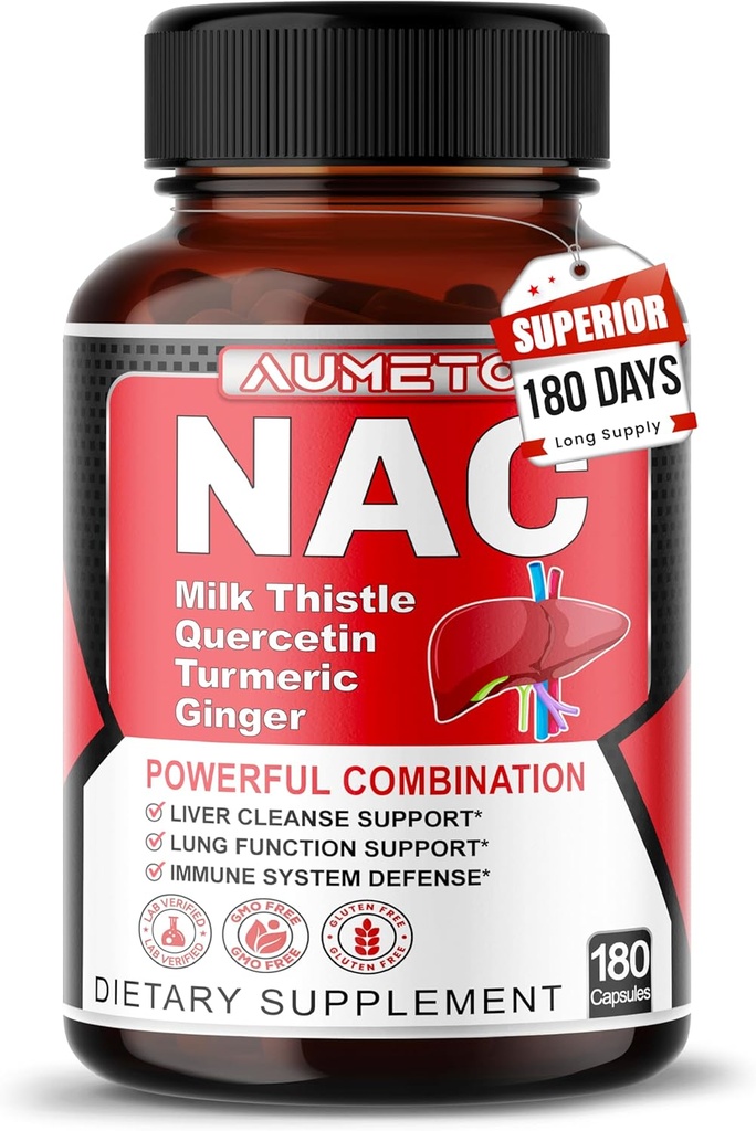 Nac papildinājums N-acetyl-L-Cysteine - Uzlabota ar piena dadži + Quercetin optimālai imunitātei, elpošanas, aknu labsajūtu (180 skaitīšana (1. iepakojumā))