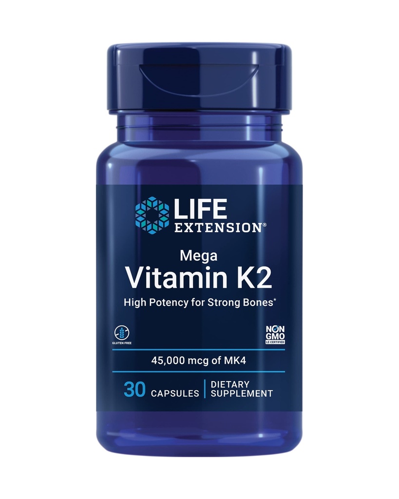 Life Extension Mega vitamīns K2 Augsta potence spēcīgiem kauliem, klīniski Studeded 45 mg K2 devas, veicina veselīgu kaulu blīvumu, bez lipekļa, ne-GMO, 30 kapsulas