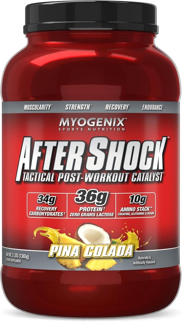 Myogenix Aftershock Post Workout — Muskuļu augšanas sūkalu proteīns pulveris — Paātrinās muskuļu augšanu un atveseļošanos — Atbalsta kopīgas veselības un papildinājumi Glycogen — Pina Colada, 3 mārciņas