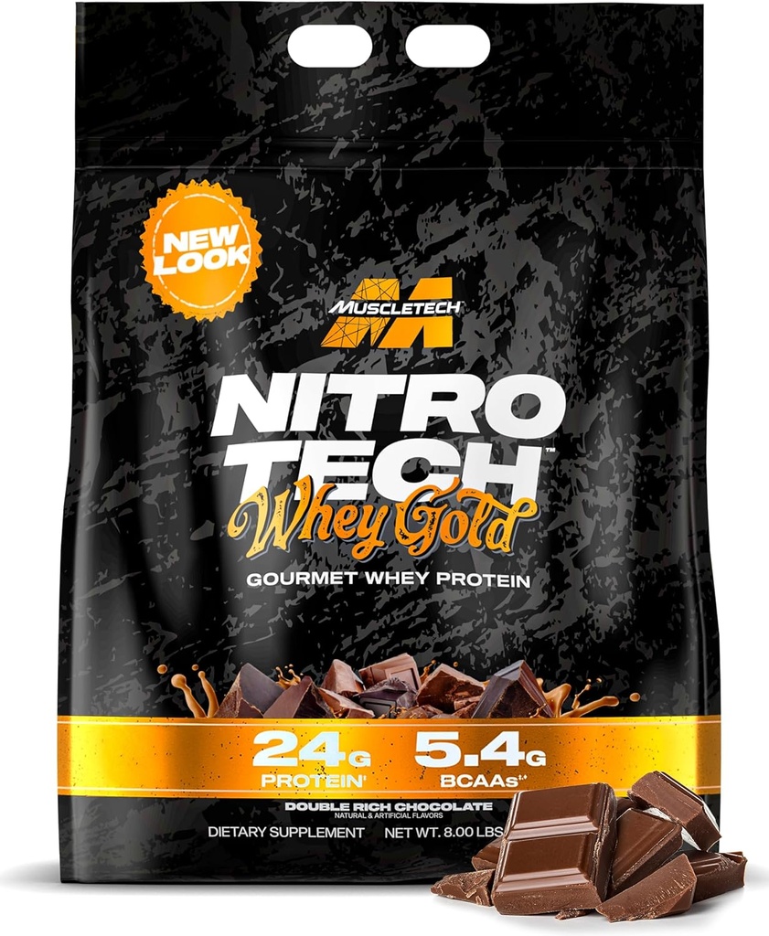 Muscletech Whey Olbaltumvielu pulveris (Dubultais bagātais Šokolāde, 8LB) - Nitro-Tech Whey Olbaltumvielas Izolāts Gluds maisījums Lean Muscle & Recovery - 24g sūkalu Gold Protein sievietēm un vīriešiem - Iepakojums May Vary