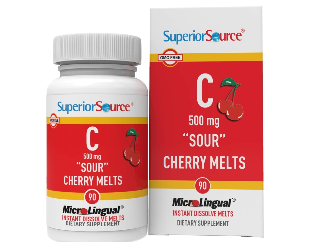 Superior Avots vitamīns C 500 mg Skābās ķiršu kauliņas - Ikdienas vitamīnu papildinājums Atbalsts Imūnā veselība - C vitamīns Formula AIDS šūnu veselību - 90 Šķīdināšanas tabletes zem mēles
