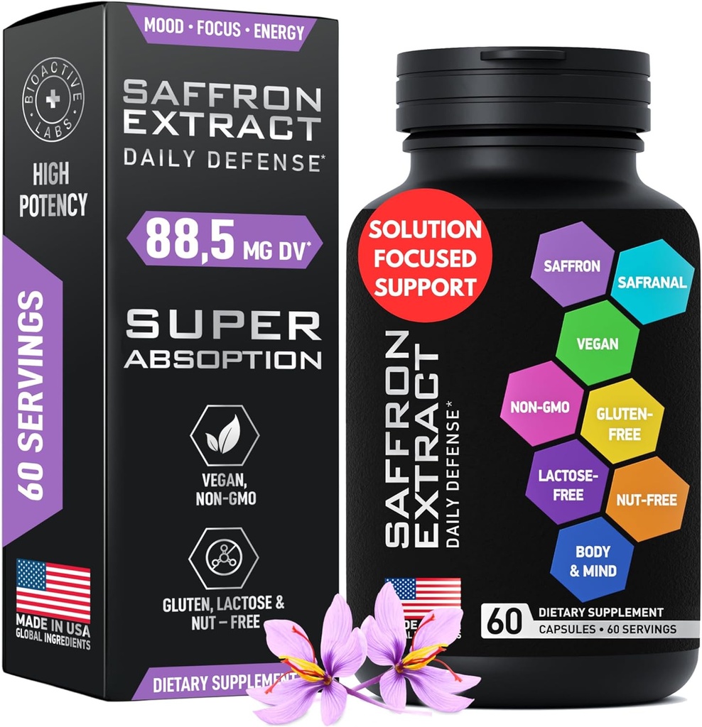 Optimizēts Safrona papildinājums - 88,5 mg Pure Safrona ekstrakts kokam, Fokusam, enerģijai - Plus Krocīns, Krocēns, Kaempferols - Bez lipekļa, bez GMO - 1-a-dienā 60 kapsulas