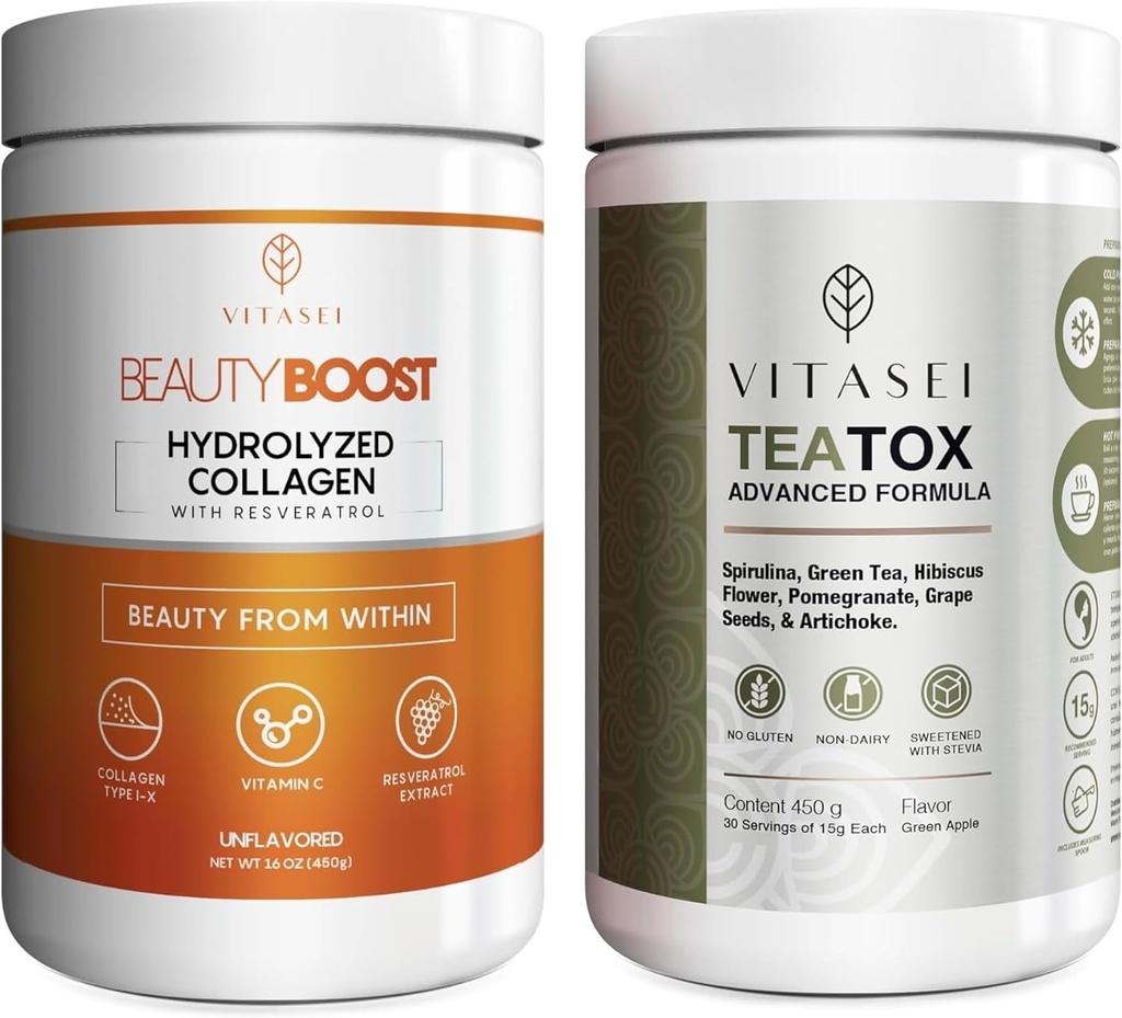 VITASEI Wellness Bandle – Hidrolizēts kolagēna peptīdi Pulveris un Teatox Detox & tīrīt atbalsta pulveris – Matu, ādas, nagu un gremošanas pastiprinātājs sievietēm un vīriešiem