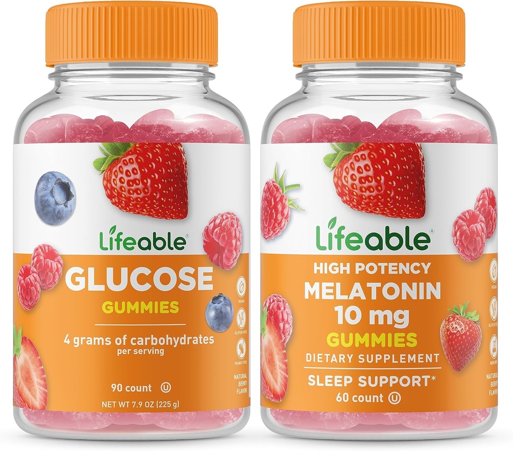 Sadzīva glikoze + melatonīns 10mg, Gumijas Bundle - Great Tasting, Vitamīnu piedevas, bez lipekļa, bez ĢMO, bez košļājamām gumija