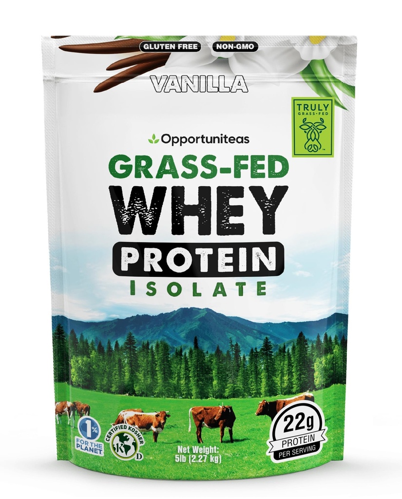 Oportuniteas Zālaugu Vaniļas sūkalu proteīns Izolāta pulveris - 22g Proteīnu pulveris bez mākslīgajiem saldinātājiem, no hormoniem brīvas govis, neĢMO - 5lb