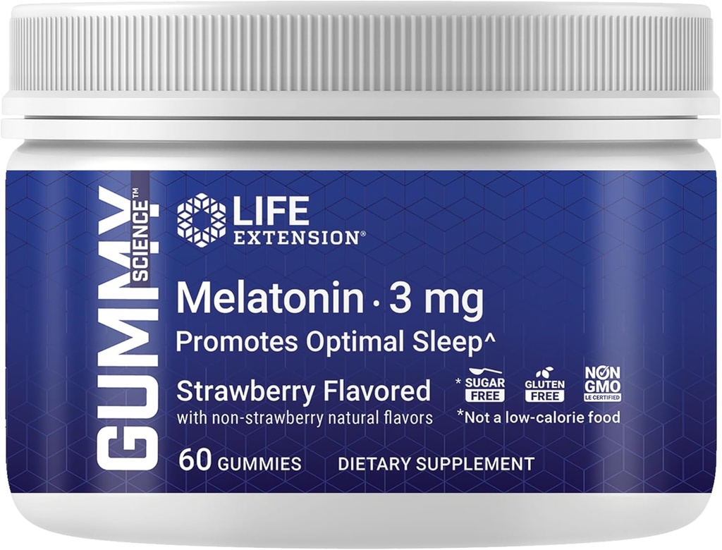 Dzīves pagarināšana Gummy ScienceTM Melatonin (Zemenes), 3 mg, Optimāls Miega atbalsts, Veselīgs diennakts ritms, Šūnu aizsardzība, Bezglutēna, Ne-GMO, Veģetārs, 60 Gumijas