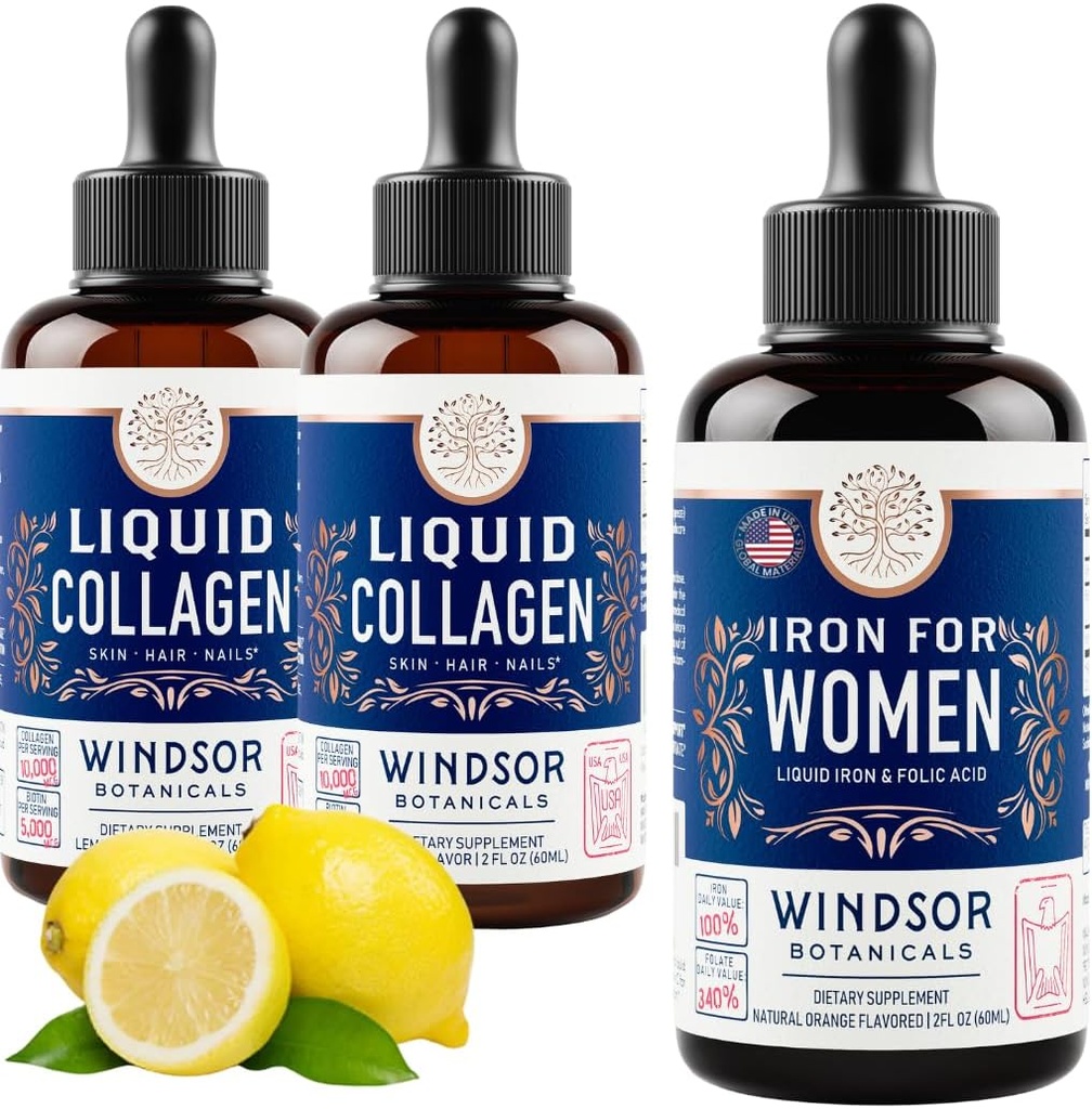 WINDSOR BOTANICALS Šķidrais kolagēns 2-iepakojums un šķidrais dzelzs sievietēm Skaistums un labsajūta Bundle
