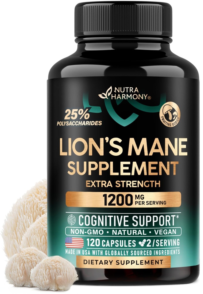 Lauvas Mane Papildkapsules - Organic Lions Mane - Ražots ASV - Fruiting Bodys Extract - 1200 mg, 25% Polisaharīdi - Atmiņas un Fokusa atbalsts - Kā Lauvas Pulveris - 120 Kapsulas, 2 Mēnešu Piedāvājums