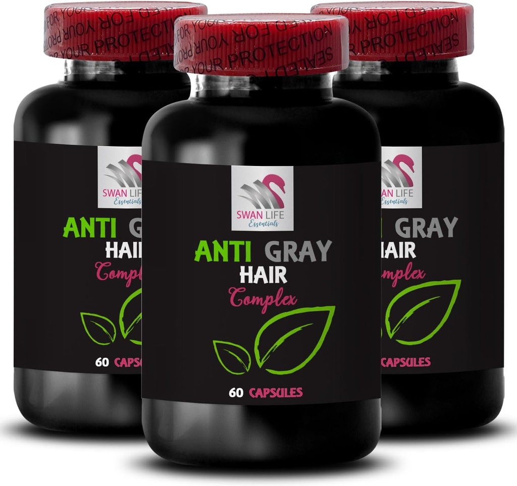 Anti sirmi matu vitamīni - ANTI GRAY HAIR COMPLEX - Krāsu nomierināšana, Pelēki mati papildināt, Dabīga sirmi kopšana, Vibranti mati, Matu mirdzums, Krāsu vitalitāte, Pelēka matu pārvaldība 3 pudeles 180 kapsulas