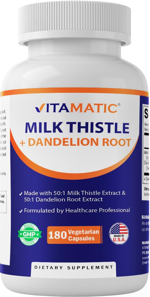 Vitamatic Milk Thattle 50:1 Extract 500mg, Dandelion Root 50:1 Extract 100mg, 180 Veģetārās kapsulas, bez GMO, bez lipekļa