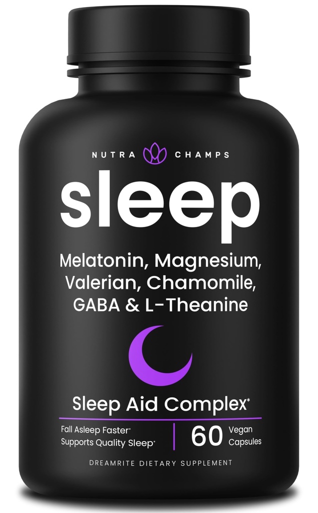 NutraChamps 10-in-1 Dabīgs Miega līdzeklis pieaugušajiem - Melatonīns, citrons Balms 1000mg, kumelītes 400mg, Valeriāna Sakne 600mg, L Teanīns, L Triptofāns, GABA, Magnija Miega Palīgs
