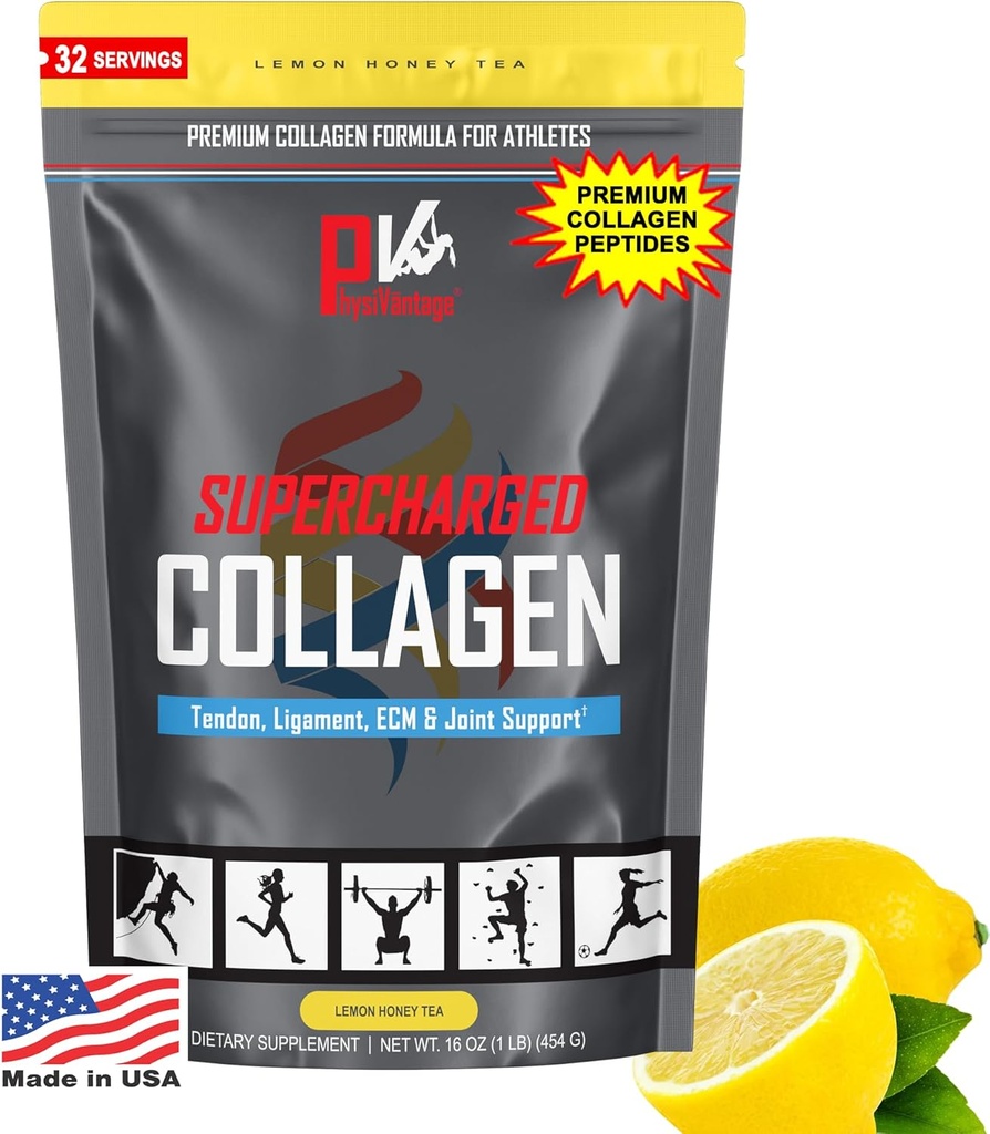 FiziVantage Supercharged kolagēna peptīdi Pulveris - Hidrolizēts kolagēns locītavu, Tendona, Ligament, & ādas veselība - citronu medus tēja, Keto, Paleo, 16oz   ; Uzlabots ar C vitamīnu, BCAAs, Zāles-Ped