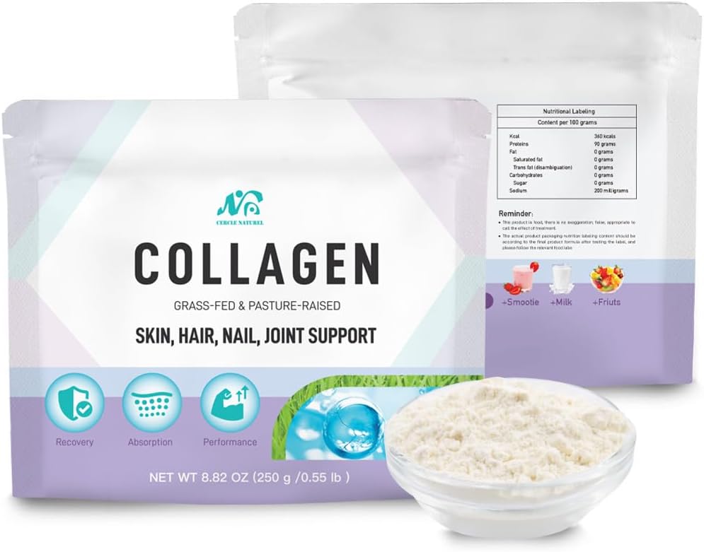 Cercle Natural Multi Collagen Peptides Pulveris Unflavored, Plus vitamīns C & Biotin, vācu Hidrolizēts liellopu kolagēns, atbalsta matus, ādu, nagus, un locītavas sievietēm un vīriešiem - 8.82 oz