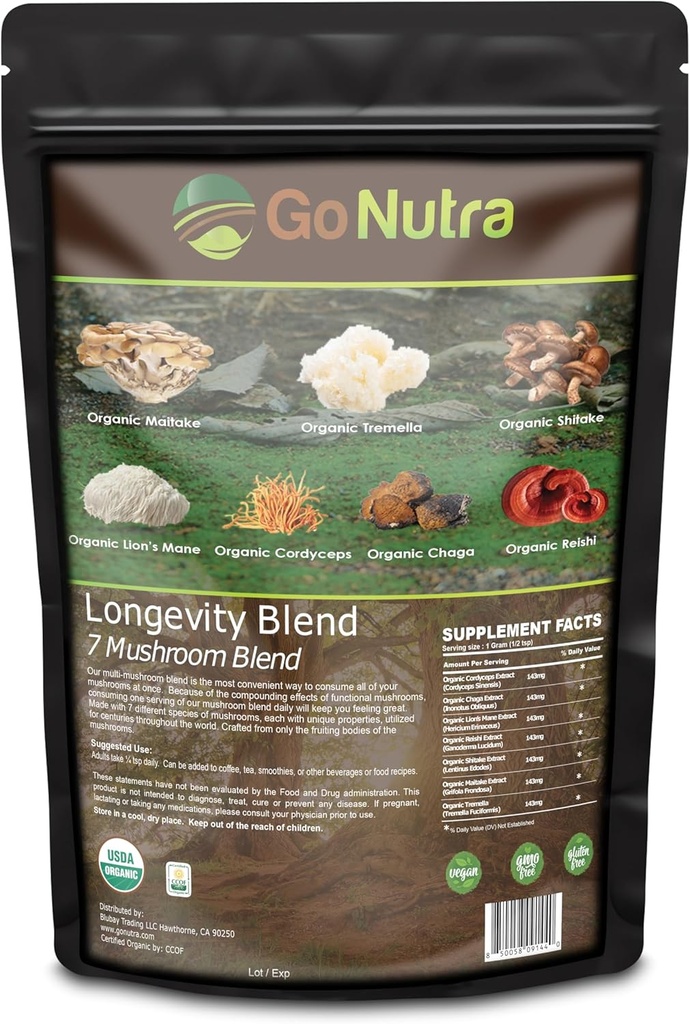Go Nutra - Organic 7 Sēnes Piemaksa, Ilglaicīgas Sēņu Pulveris ar Lauvas Mane, Chaga, Shiitake, Maitake, Reishi, Tremella, Un Cordyceps Sēnes, Non-GMO, Gluten-Free, Vegan, 4oz
