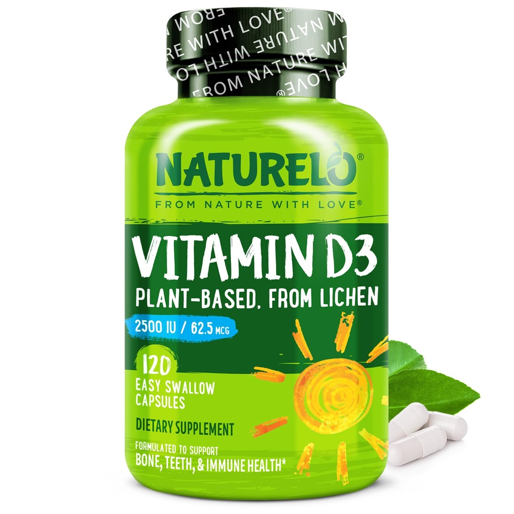 NATURELO D vitamīns - 2500 SV - augu bāzes no Lichen - Dabīgs D3 papildinājums imūnās sistēmas, kaulu balstam, locītavu veselībai - Vegan - ne- GMO - bez lipekļa - 120 kapsulas