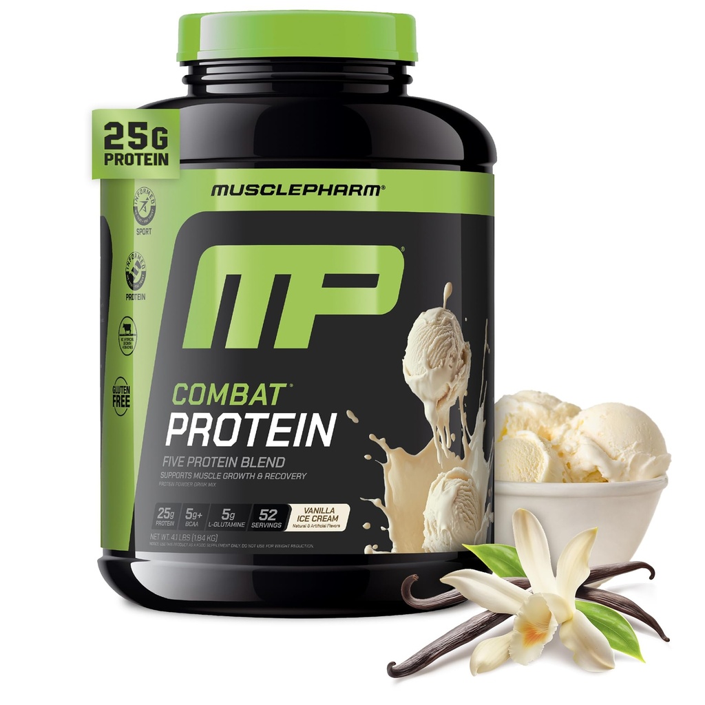 MusclePharm Combat Protein Powder, Vanilla Flavor, Degvielas Muskuļi Produktīviem Trenažieriem, 5 Olbaltumvielas avoti, ieskaitot Sūkalu Protein Isolate & Olu Albumin, bez lipekļa, 4 £, 52 Servē