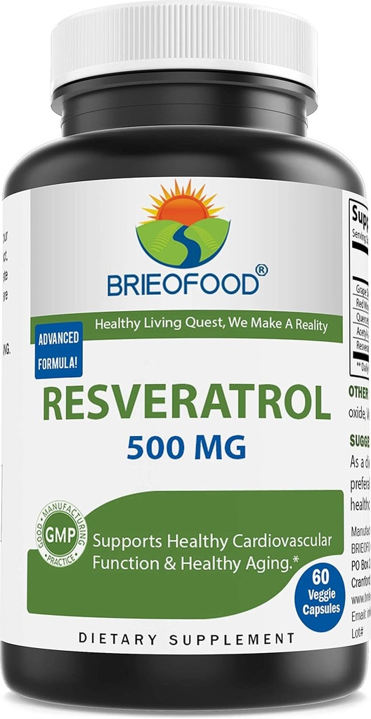 Brieofood Resveratrol 500mg - Dabīgs antioksidants papildinājums sirds un imūnās sistēmas veselībai - 60 Veggie kapsulas