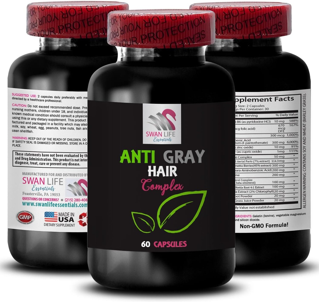 Anti sirmi mati tabletes - ANTI GRAY HAIR COMPLEX - Krāsu vitalitāte, Pelēki mati kopšanai, Svaigs tonis, Vibranta krāsa, Anti sirmi mati papildināt, Matu toņu kontrole, Jaunības izskatu 1 pudele 60 kapsulas