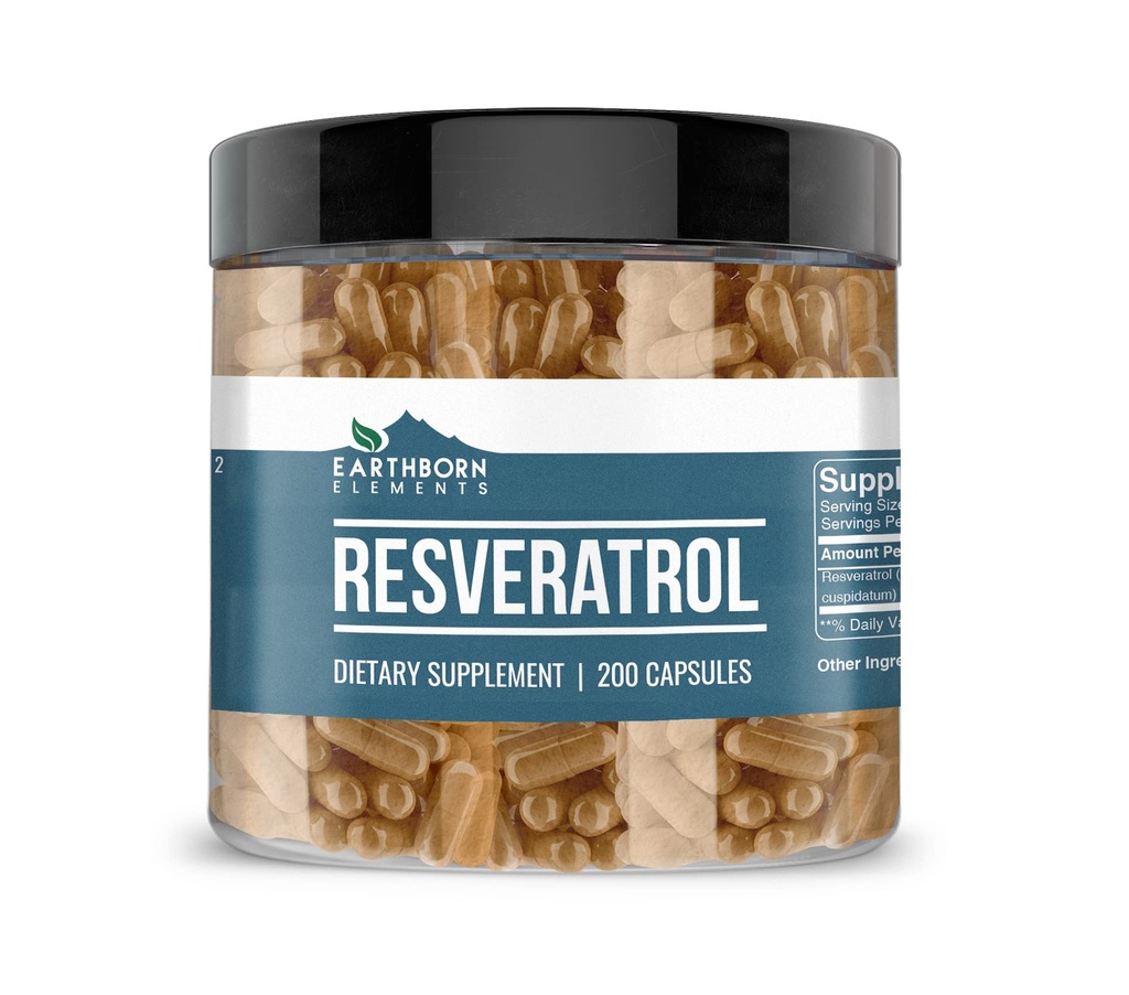 Earthborn Elements Resveratrol 200 kapsulas, tīras un neatšķaidītas, bez piedevām