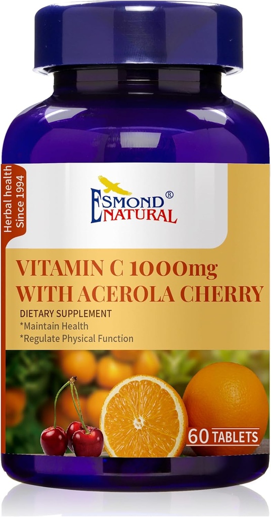 Vitamīns C 1000mg ar Acerola Cherry (Atbalsts imūnās sistēmas, enerģijas līmenis, ādas Vitality), GMP, Natural Product Assn Sertificēts, Ražots ASV - 1000mg, 60 Tabletes