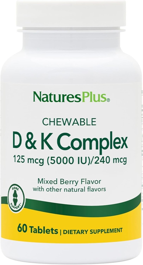 Natures Plus D & K Complex - 60 Jauktas ogu košļājamās vielas - Atbalsta kalcija vielmaiņu - Veģetārs, ne-GMO, bez lipekļa, bez sojas - 60 Kalpo