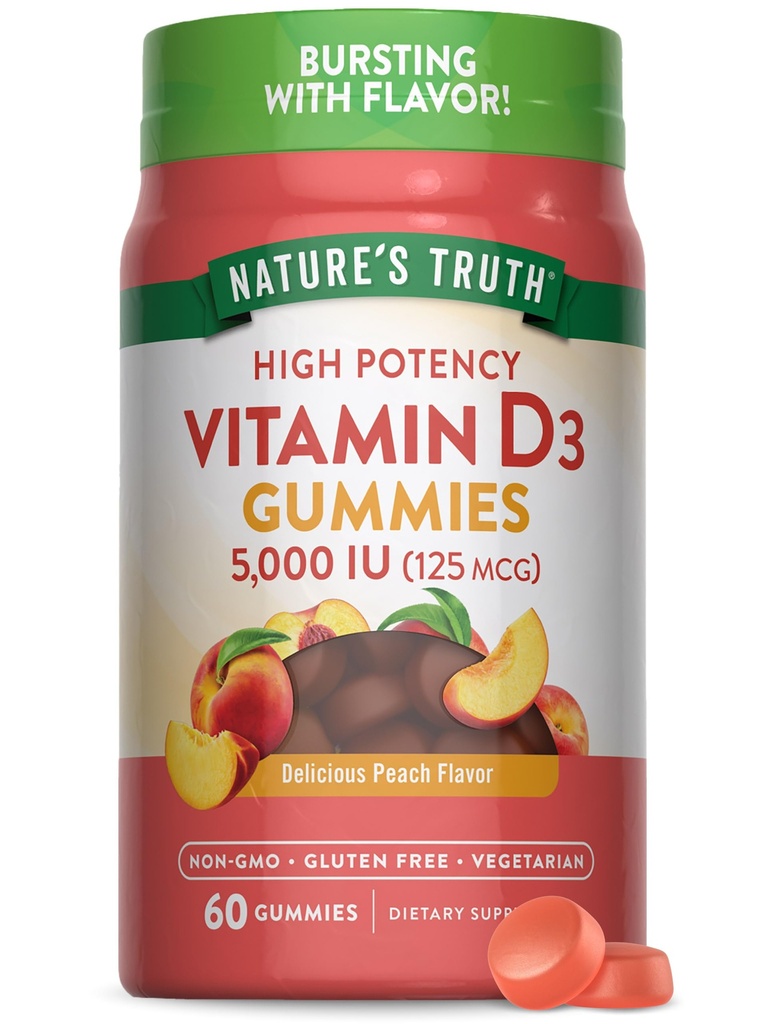Dabas patiesība D3 vitamīns Gumijas - 5000 SV - 60 Grāfs -Peach Flavor - Veģetārs, bez GMO un lipekļa Papildinājums