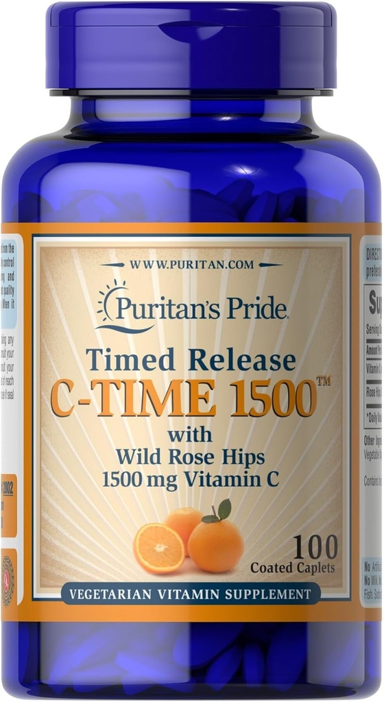 Puritan's Pride C 1500 mg vitamīns ar Rose HIPS Caplets, 100 skaitļa