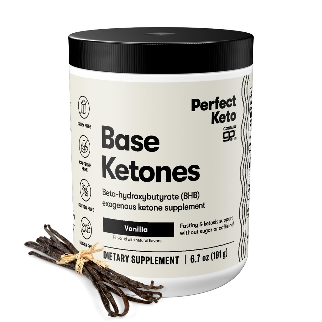 Perfect Keto eksogēnais ketonu pulveris, BHB sāļi Papildinājums Ketozei un gavēšanai, Plus Elektrolīti hidrācijai, Kofeīns Bez Enerģija, Keto Diēta, Focus & Workout Support, Vanilla, 6.7 oz