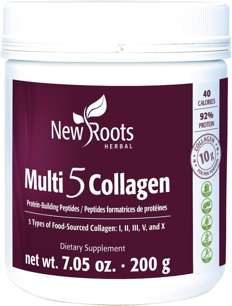 Jauni saknītes י Multi 5 kolagēna pulvera papildinājums (I, II, III, V un X tips) Hidrolizēts kolagēns - bez piena un glutēna - 12g par pakalpojumu - 7,05 oz