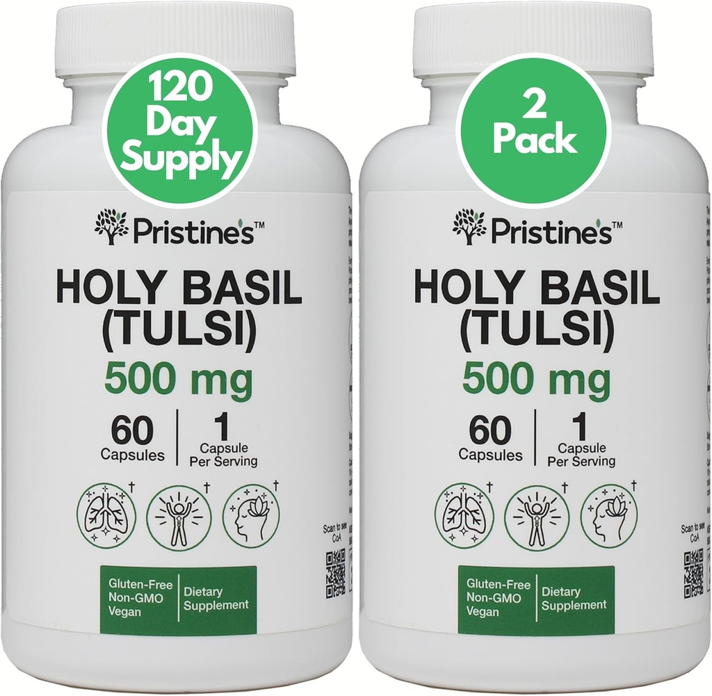 PRISTINE'S Holy Basil (Tulsi) 500 mg (2 Iepakojums) Relaksācija un imunitāte Atbalsts Adaptogen Papildinājums - 120 Dienas Apgāds - Holy Basil Leaf Kapsulas - Vegan - Ne- GMO - Bezglutēna piedevas