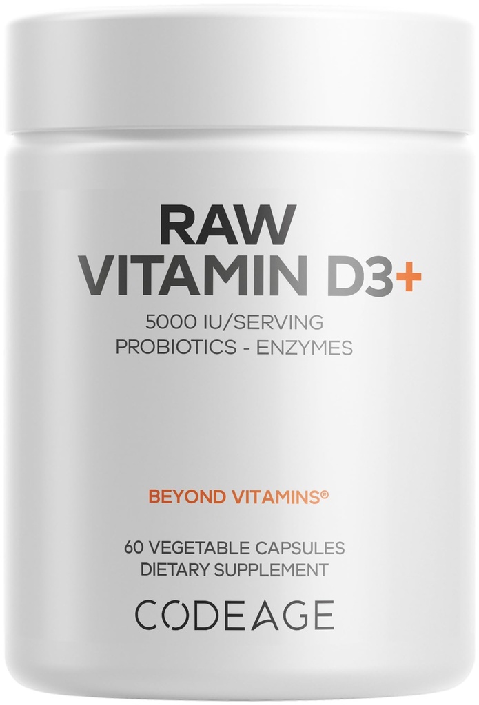 Koda jēlvitamīns D3+ augstas potences 5000 SV Papildinājums no Saccharomyces Cerevisiae - Raw Vitamīns, Probiotikas, Gremošanas enzīmi, Augļi un Zaļie - 2 mēnešu piegādes - 60 kapsulas