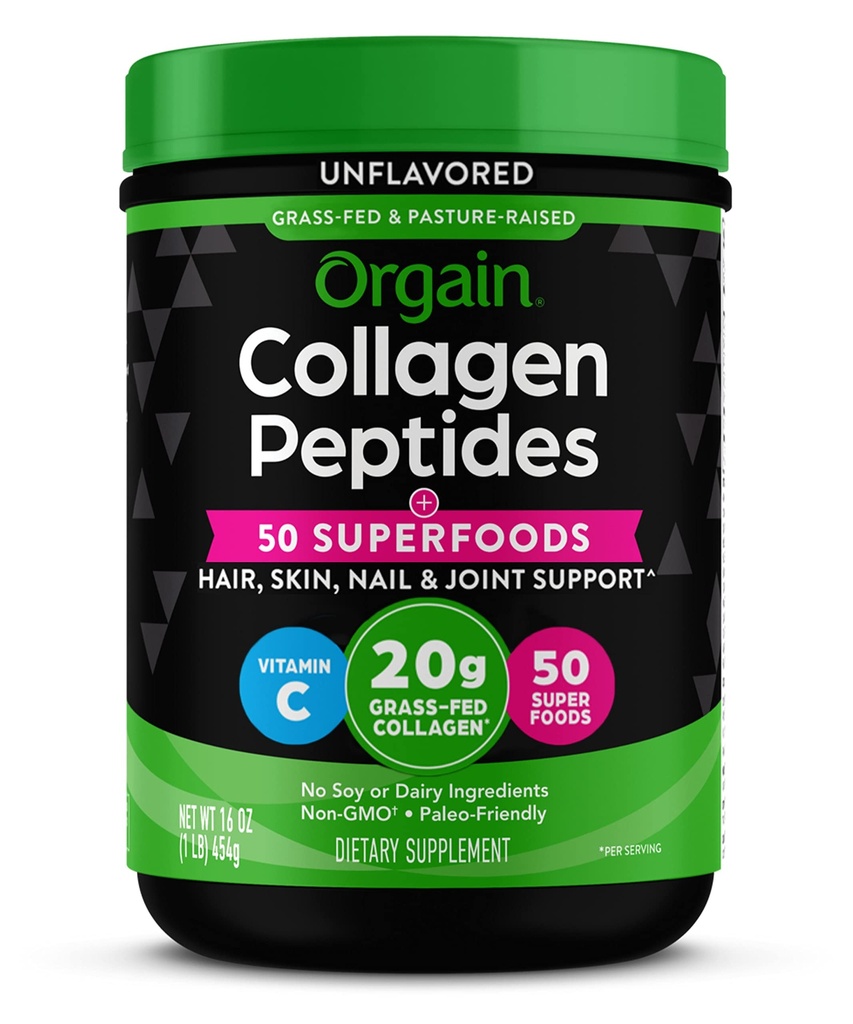 Orgain Hidrolizēts kolagēna pulveris + 50 Organic Superfoods sievietēm un vīriešiem, 20g Zāle Fed Kolagēns ar C vitamīnu, Neflavored - Matu, ādas, nagu, & locītavu atbalsta papildinājums, Non-GMO, tips I & III, 1lb