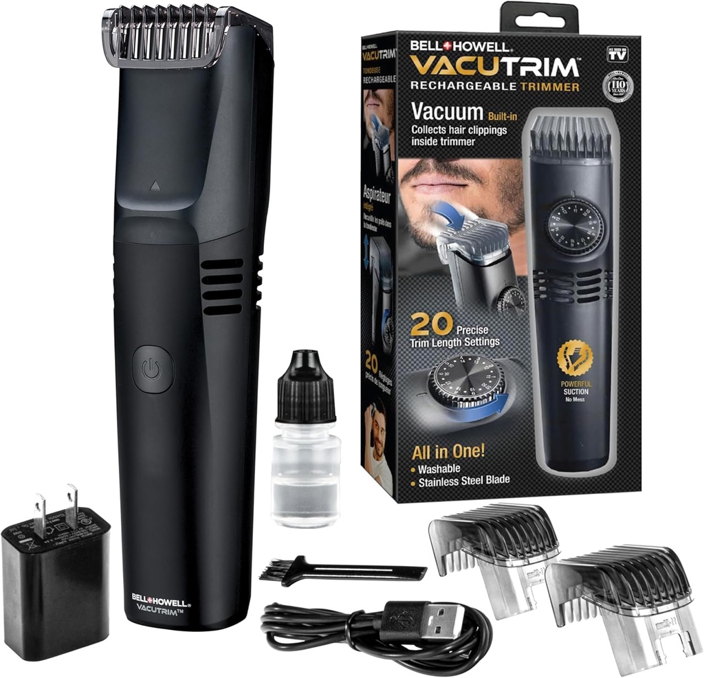 Vacutrim Cordless Mens Beard Trimmer, atkārtoti uzlādējams elektriskā Shaver ar 20 Trim Iestatīšana Kalibrācijas Dial un Iebūvēta vakuumā Mustache, Sideburns. Sejas mati, melni, 7.5", kā redz TV