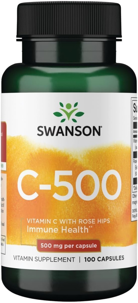 Swanson C vitamīns ar Rose HIPS Imūnsistēmas atbalsts Ādas Kardiovaskulārā veselība Antioksidanta papildinājums 500 mg 100 kapsulas