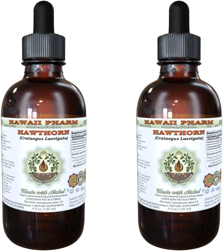 Spirta bezspirta ekstrakts, Organiskais Hawthorn (Crataegus Laevigata) Žāvētas lapas, Organiskie ziedi un Stem Glycerite Hawai Pharm Dabīgais augu papildinājums 2x4 oz