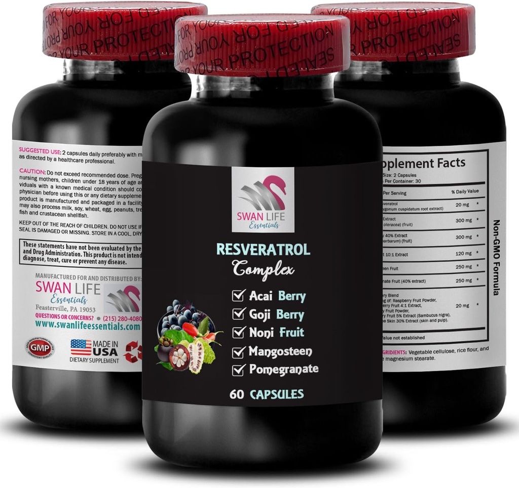 Atbalsta blend - RESVERATROL COMLEX - Antioksidantu vairogs, Dienas enerģija, Ogu priekšrocības, Natural Boost, aveņu balanss, Granātābolu enerģija, Active Lifestyle, Flavorful Energy 1 Pudele 60 Caps