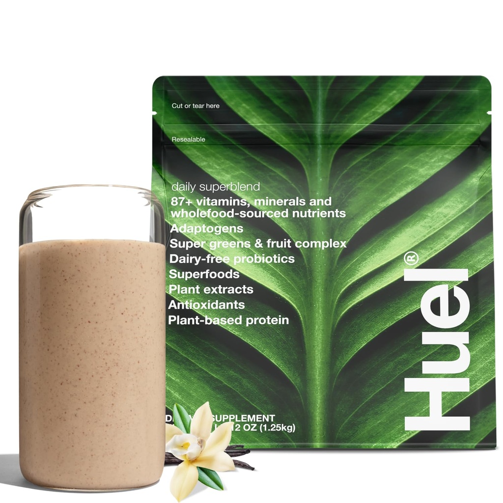 Huel Daily Superblend Vanilla pulveris       ) 25g Augu izcelsmes proteīns    ) Super zaļie pulveris ) 87 Vitamīni, Minerāli, un pilnpārtikas avotu sastāvdaļas ) 19 Servējumi ] Scoop nav iekļauts, lai samazinātu plastmasas