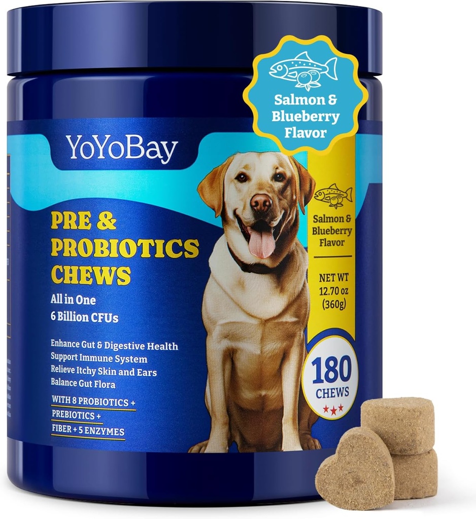 Probiotikas suņiem - Dog Probiotikas Gut, Imūnās un ādas veselība - 6 miljardi KVV, 180 Soft Chews, Salmon & Blueberry Flavor - ar prebiotikas un gremošanas enzīmi