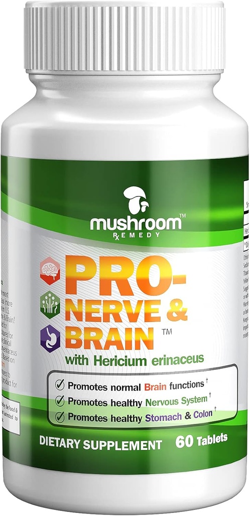 PRO-Nerve & Smadzenes • All-Natural Herbal Papildinājums Atmiņas, nervu sistēmas, kuņģa, Colon, Digestive Tract, Klīniski Studedied Lauvas Mane Sēņu ekstrakts, Vegan, Ne-GMO, ASV Made, 60 tabletes