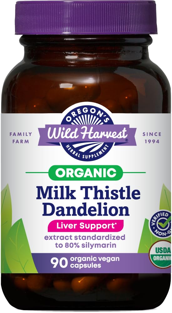 Oregonas savvaļas raža Certified Organic Milk Thistle Dandelion Capsules Aknu atbalsta ekstrakts Standardized to 80% Silymarin, 90 Count