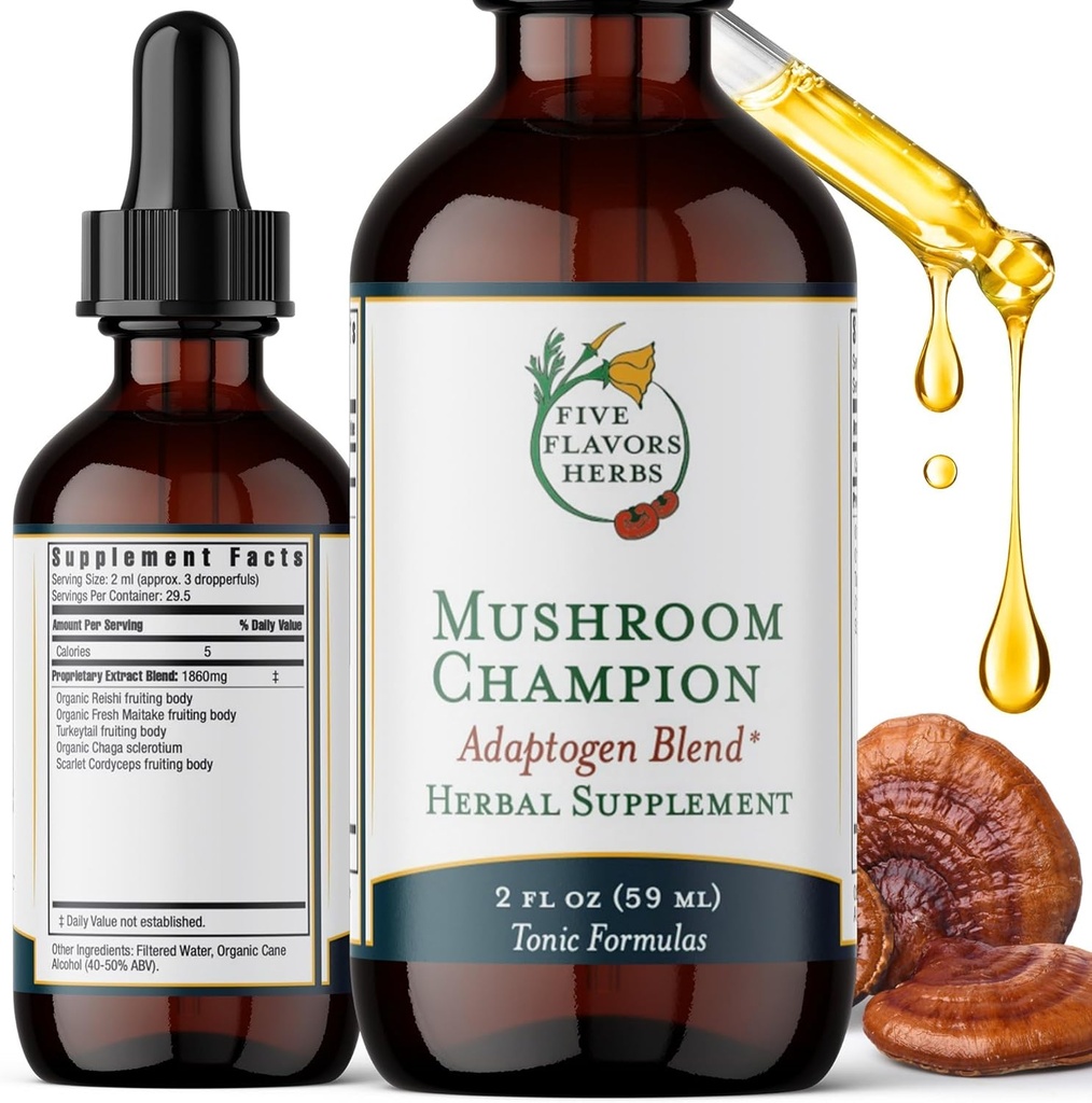Sēņu čempions Tincture - vielmaiņas atbalsts, Imūns atbalsts, elpošanas atbalsts, Adaptogen Blend, Tonic Formula, Reishi, Maitake, Herbal Papildinājums - 2 Fl Oz