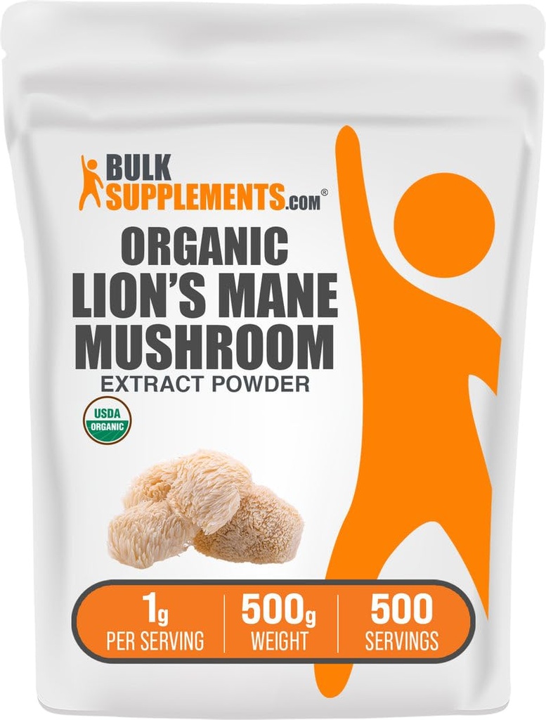 BulkSupplements.com Organic Lion's Mane sēņu ekstrakta pulveris - Sēņu papildinājums, smadzeņu papildinājums atmiņas un fokusa atbalstam - Vegan, 1g per Serving, 500g (1,1 lbs) (1. iepakojums)