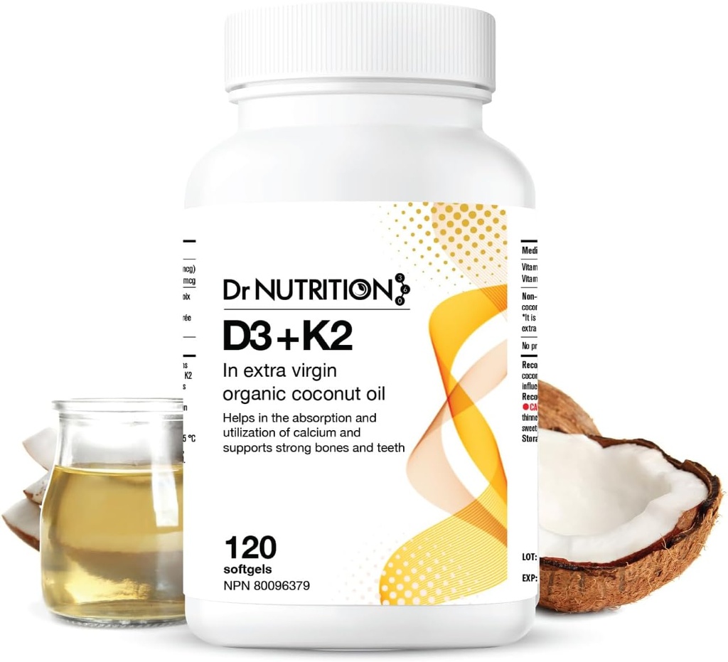 Vitamīns D3 + K2 organiskajā kokosriekstu eļļā, vitamīns K2 MK7 + D3 (1000IU), ātra kaulu un sirds veselības formula, palīdz absorbēt un izmantot kalciju, atbalsta imunitāti, uzlabo Mood - 120 Softgels