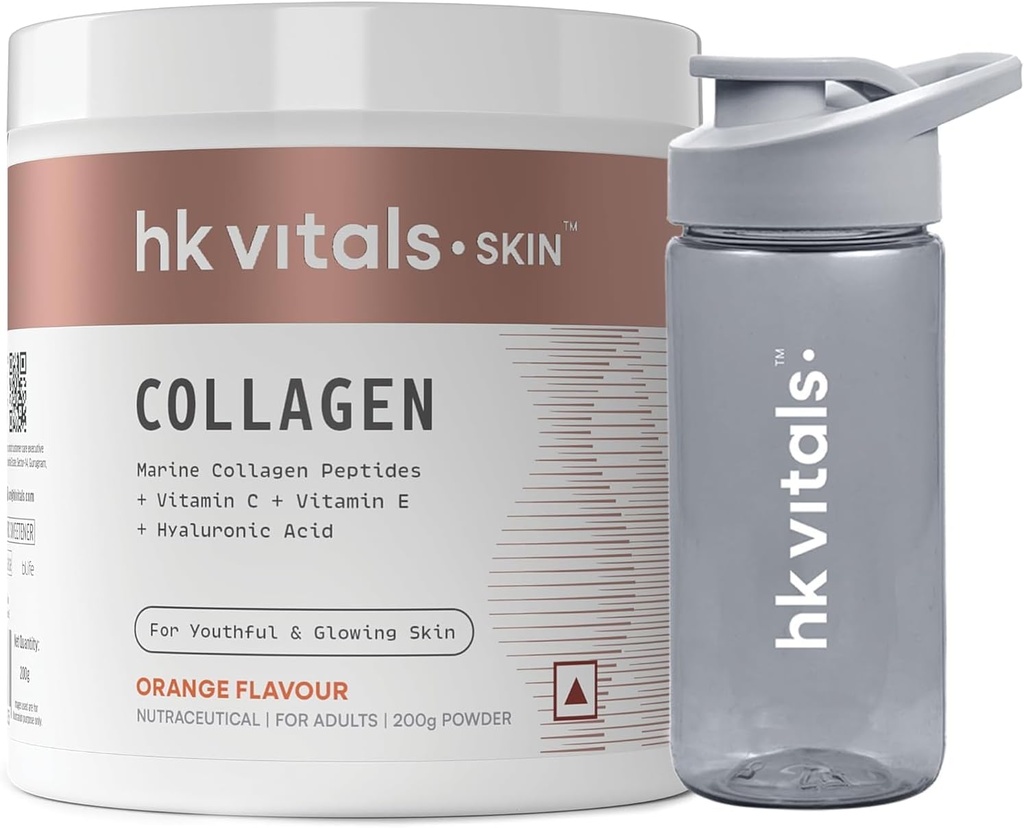Dziedzeris;thKart hk Vitals Marine Collagen Papildinājums (Orange, 200g) & Siper Pudele (Grey, 300ml) Combo Pack - ar C un E vitamīnu -- , veselīgai ādai, matiem un nagiem