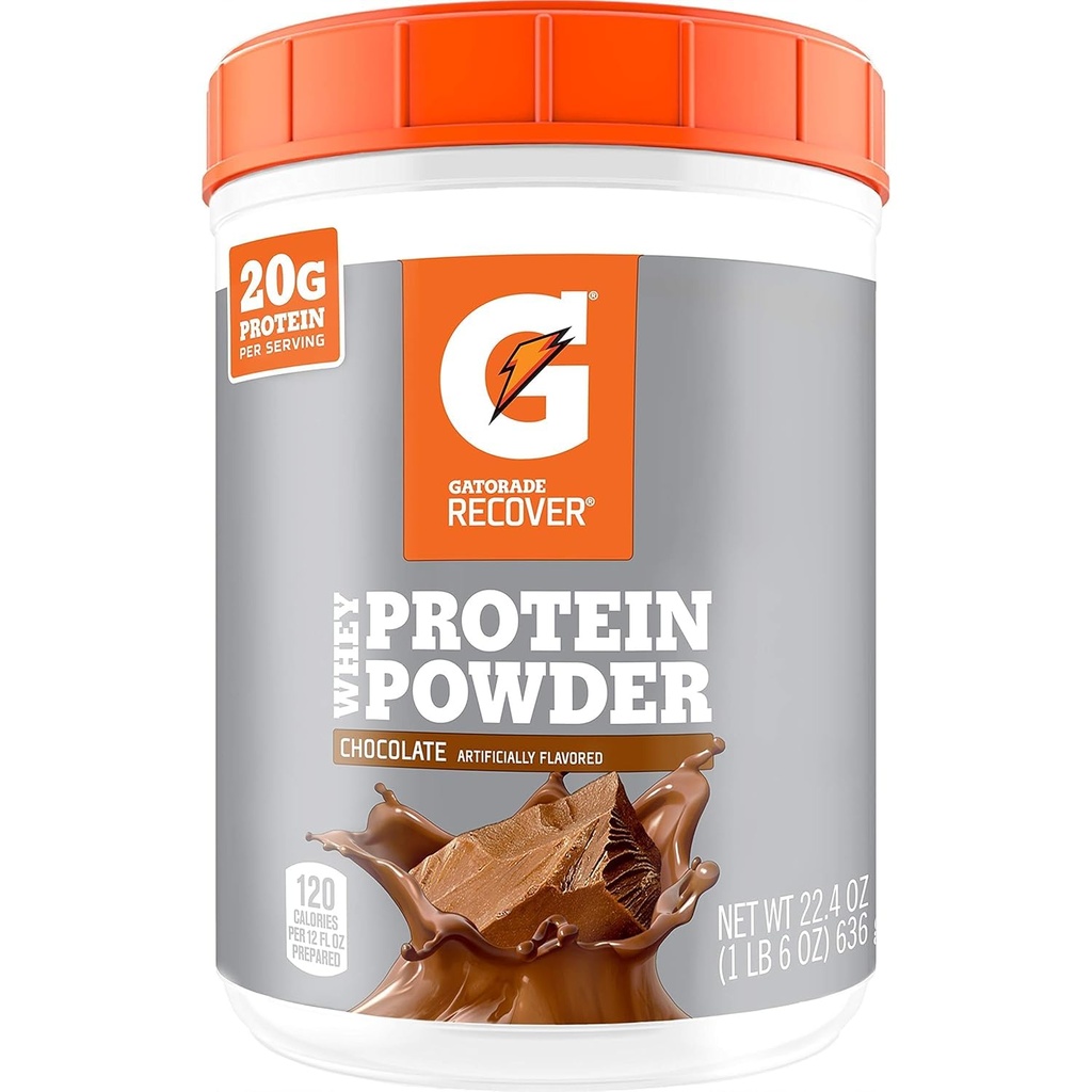 Gatorade Whey Protein pulveris, Šokolāde, 22.4 Ounce (20 porcijas uz kannu, 20 grami olbaltumvielu uz porciju)